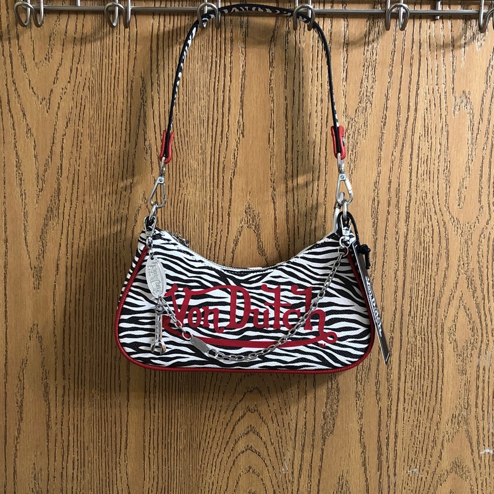 Von Dutch Zebra Print Shoulder Bag Red Trim & Logo Silver Chain + Wrench NWT